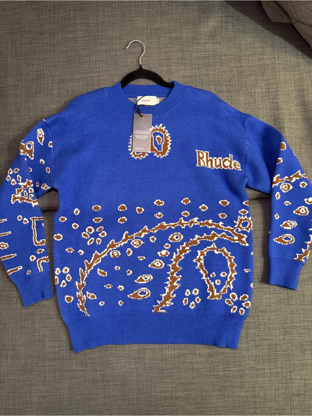 Rhude Blue Crewneck Sweater with Brown and White Paisley Motif